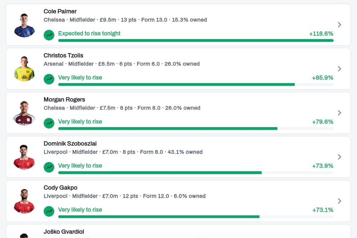 Price Predictor list with rise likelihood and progress bars